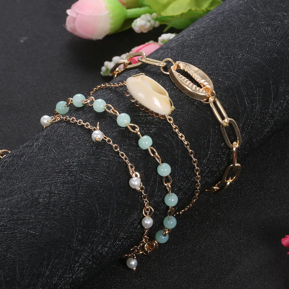 Gold Shell Statement Chain Bracelet with Beads (4 Pieces)