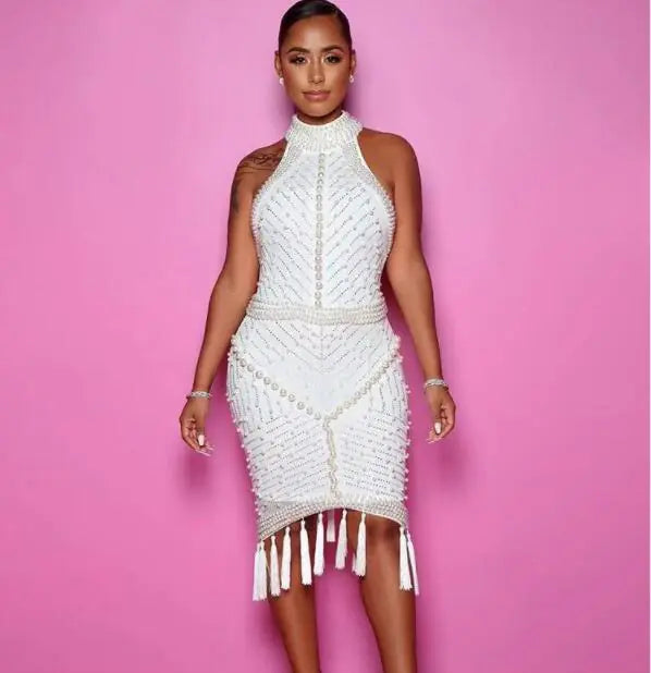 High Neck Sleeveless Bodycon Dress with Sequins and Fringe