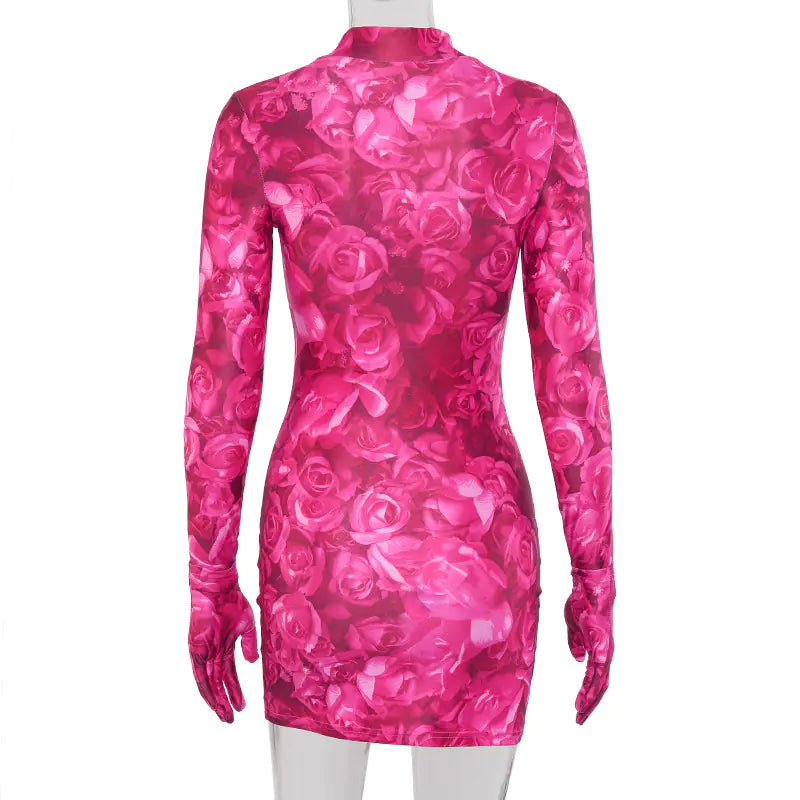 Women’s Printed Long Sleeve Dress with Gloves and Fitted Design