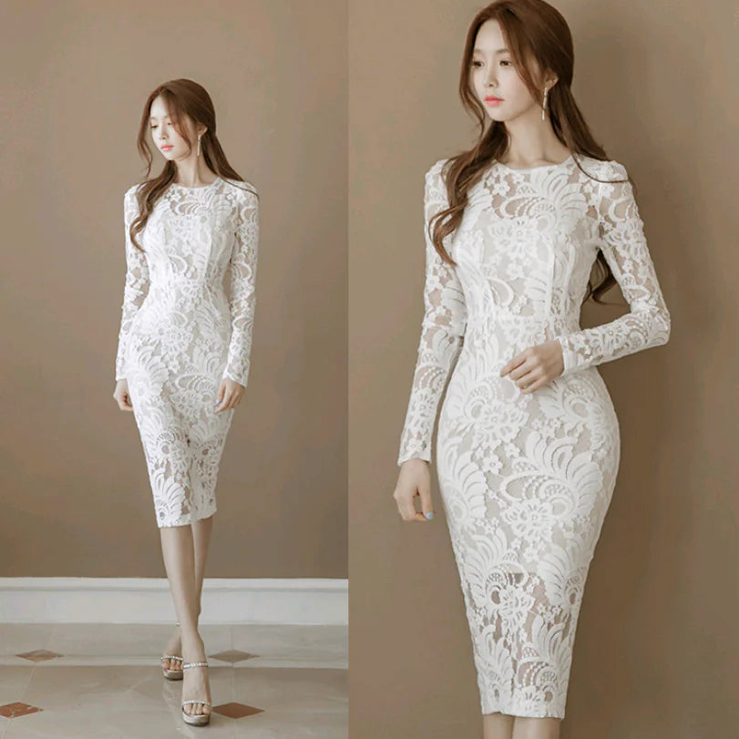 Lace Bodycon Dress with Round Neck Mid-Length Design