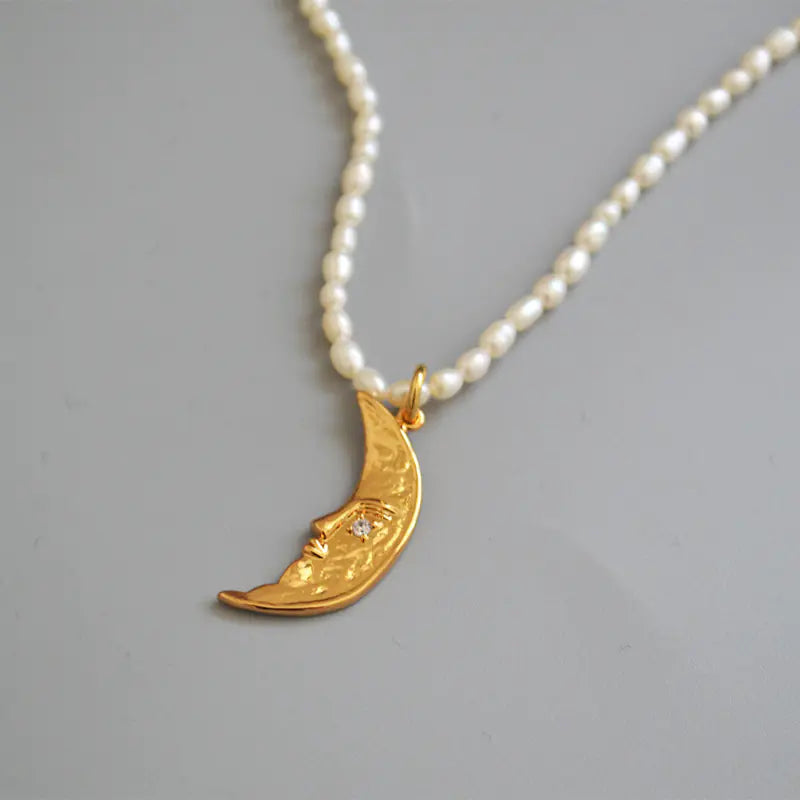 Elegant Freshwater Pearl Moon Charm Short Necklace