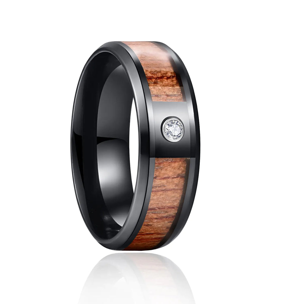 Titanium Steel Ring with Acacia Ebony Teak Inlay