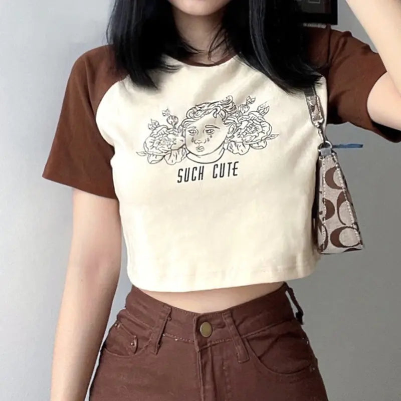 Retro Round Neck Brown T-shirt - European & American Style