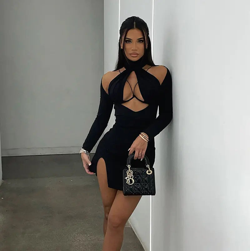 Slimming Long Sleeve Solid Color Dress