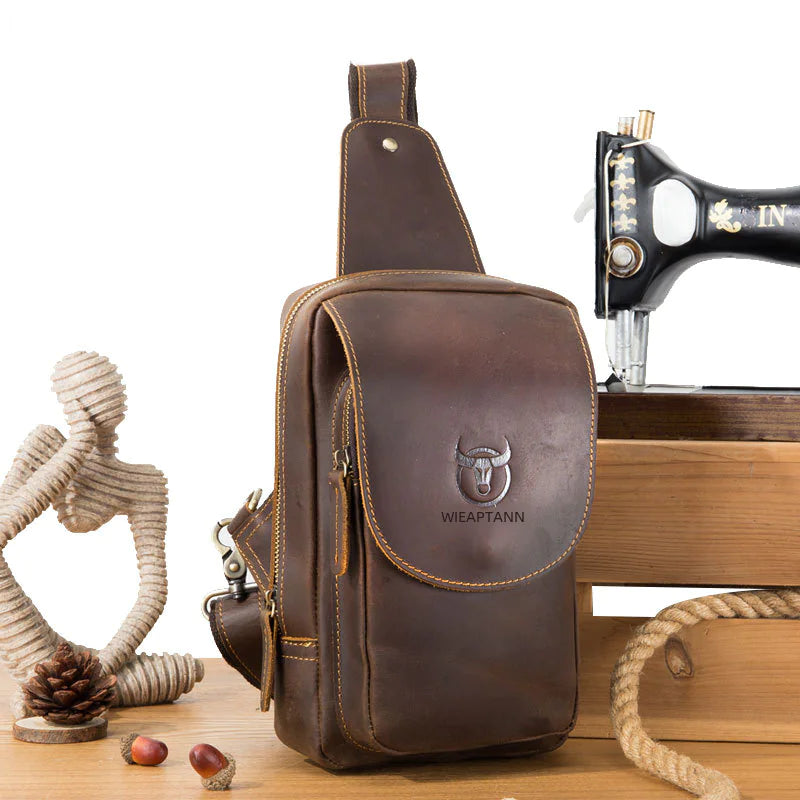 Men's Vintage Leather Chest Bag - Genuine Cowhide for iPad