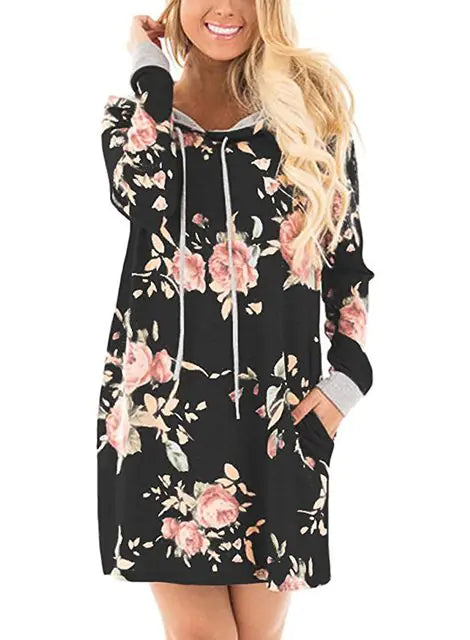 SINFEEL Autumn Fashion Floral Print Hoodie Dress for Women