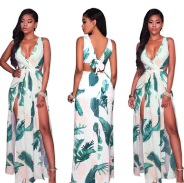 Floral Maxi Dress with Deep V and Slit Design