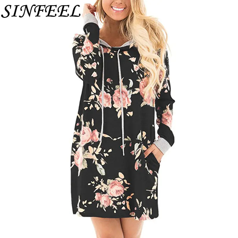 SINFEEL Autumn Fashion Floral Print Hoodie Dress for Women