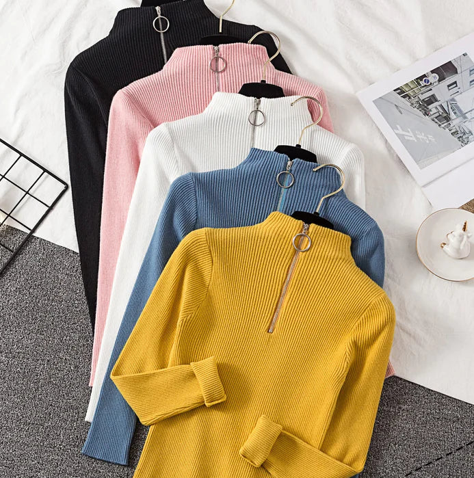 Zippered Half High Neck Slim Fit Knit Top for Women