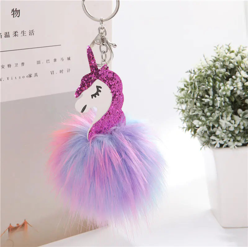 Colorful Pom-Pom Unicorn Keychain with Plush Detail