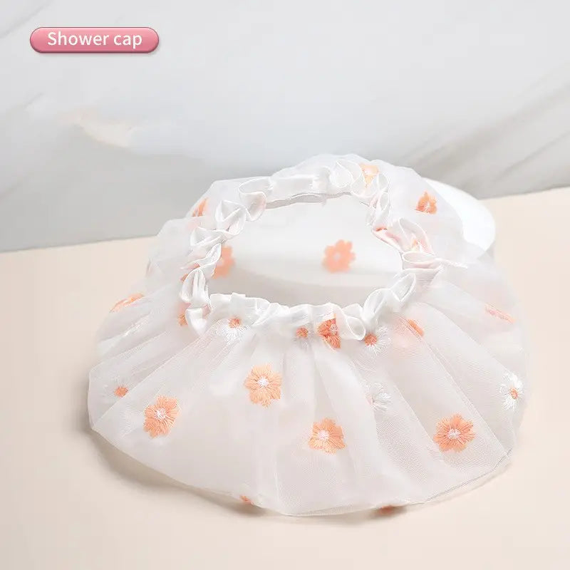 Double Layer Waterproof Shower Cap with Daisy Embroidery