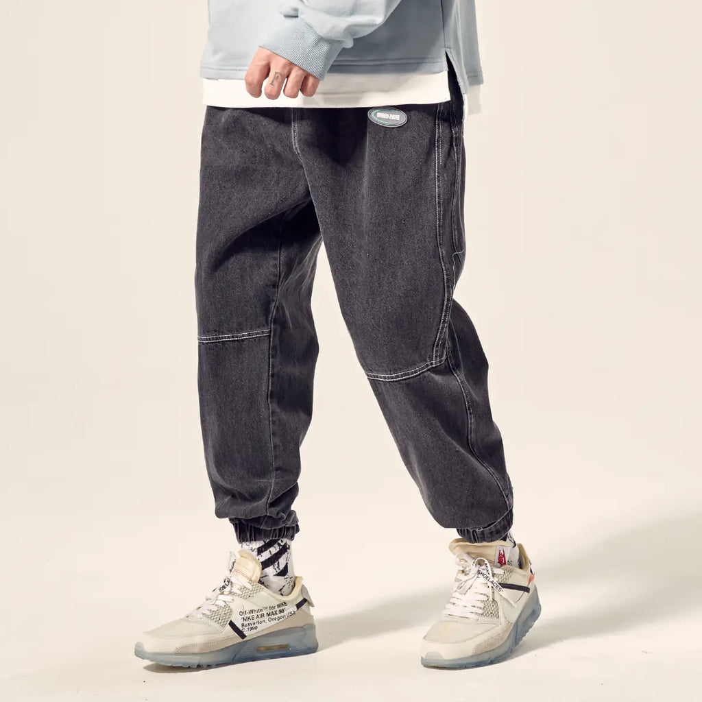 Men's Loose Wash Denim Joggers with Drawstring Detail