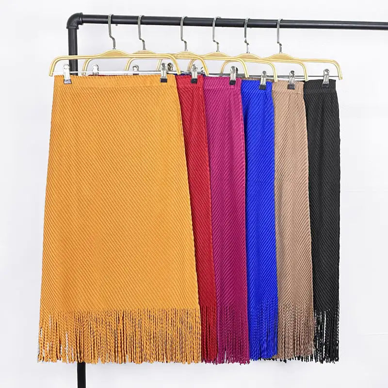 Summer High Waist Solid Color Tassel Skirt