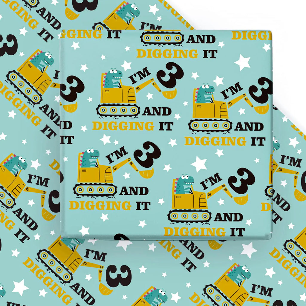 WRAPAHOLIC 3rd Birthday Wrapping Paper Sheet - 6 Sheets Adorable Dinosaurs Driving Digger Design Folded Flat for Birthday Party Baby Showers - 19.7 Inch X 27.5 Inch Per Sheet