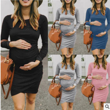 Autumn Winter Round Neck Long Sleeve Dress for Maternity