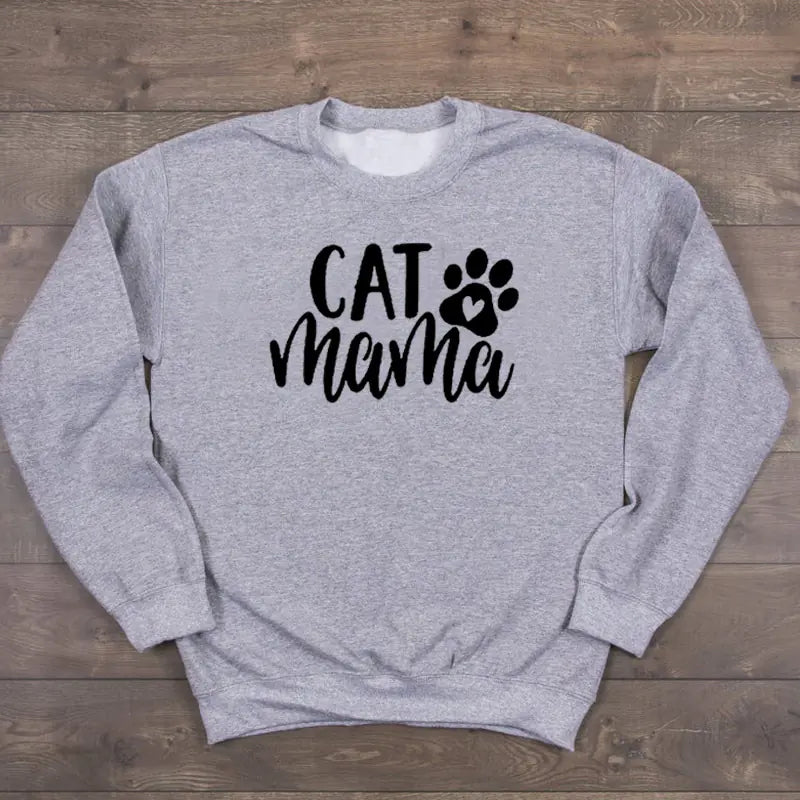Cotton Crew Neck Sweatshirt with Cat Mama Design