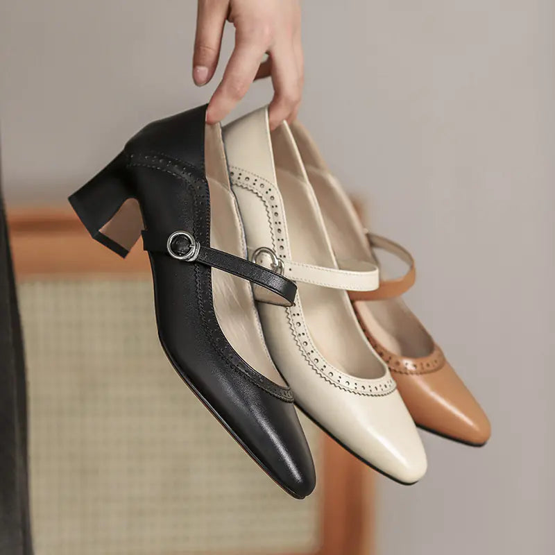 Vintage Floral Leather Mary Jane Heels with Block Heel