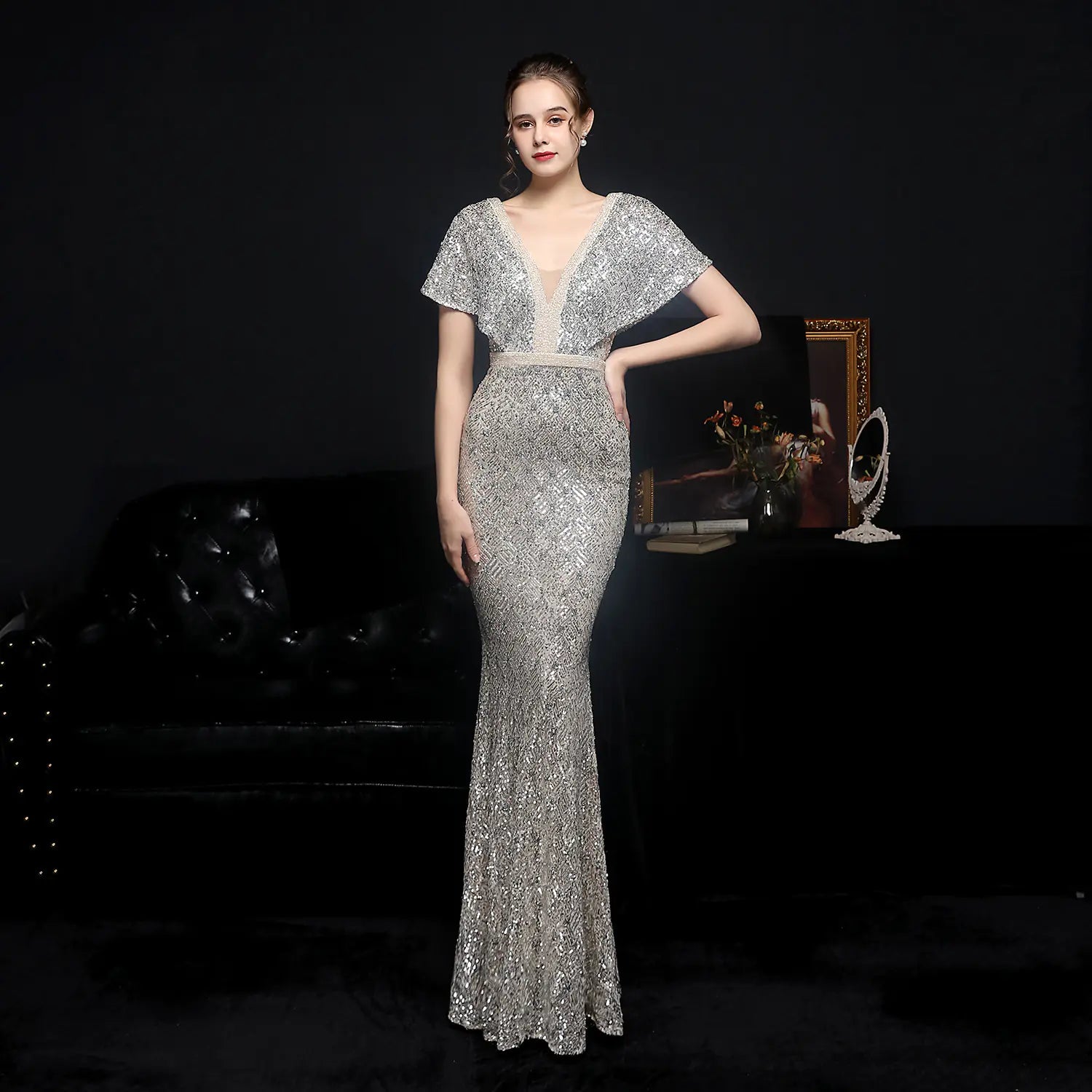 Elegant V-neck Sequin Fishtail Dress for Women