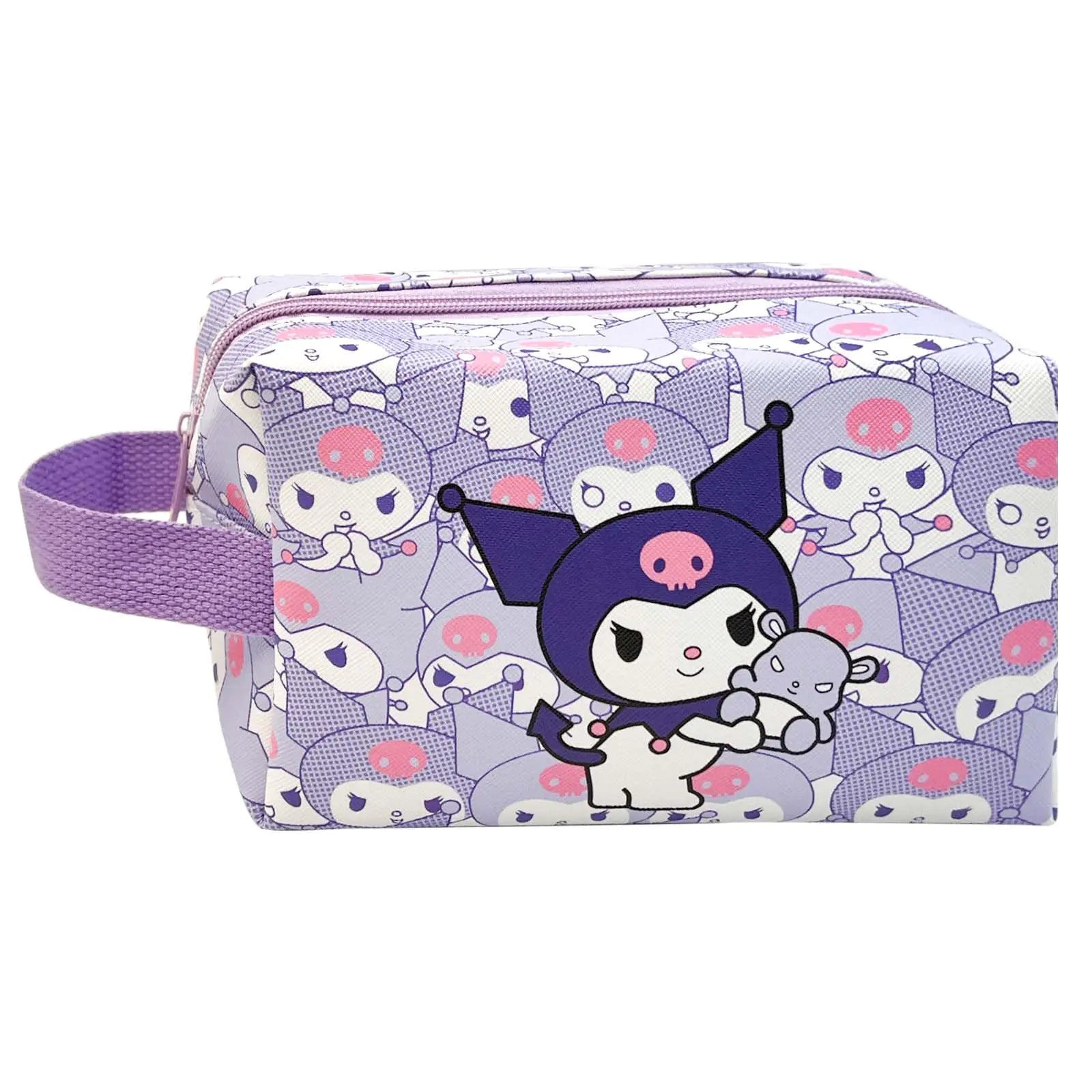ROFOLO Kawaii Cosmetic Bag Cute Cartoon PU Leather Cosmetic Bag Portable Travel Cosmetic Bag Waterproof Toiletry Bag for Girls and Women (Purple-Kuro)