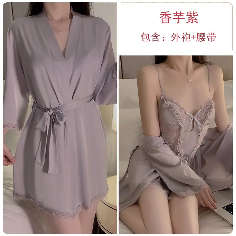 Lace and Mesh Deep V Nightgown and Robe Set 2216