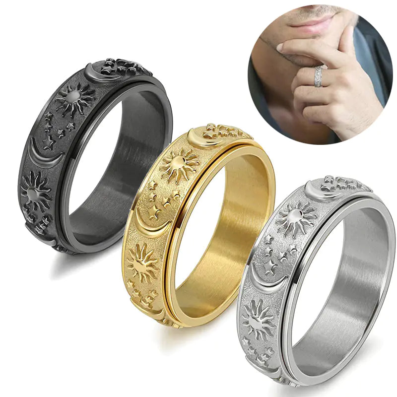 Rotatable Titanium Steel Ring with Stars, Sun, Moon