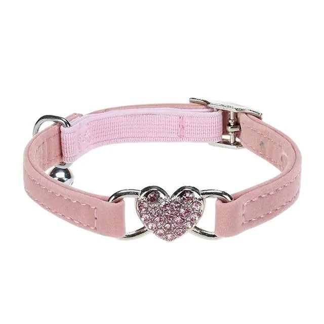 Heart-Shaped Velvet Dog Collar with Crystal and Bell