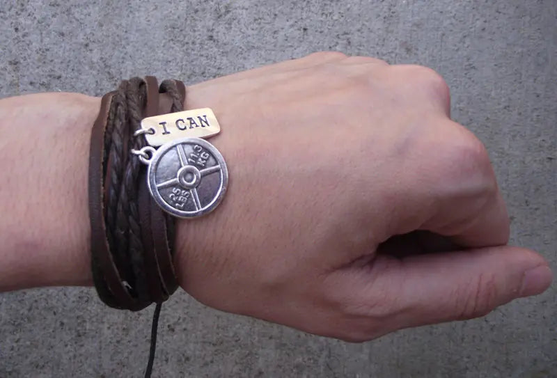 Retro Multi-Layer Leather Bracelet with Dumbbell Charm