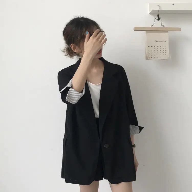 Women's Thin Striped Sleeve Blazer and Shorts Set