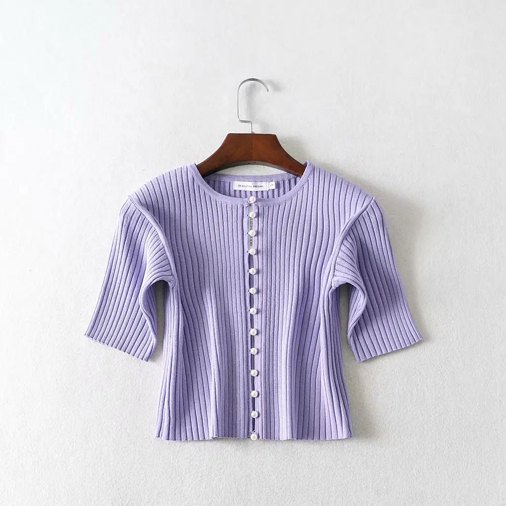 Purple Pearl Button Cropped Knit Top for Women