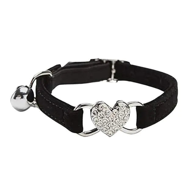 Heart-Shaped Velvet Dog Collar with Crystal and Bell