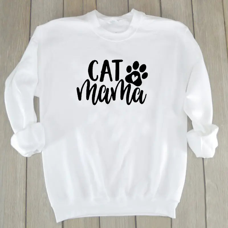Cotton Crew Neck Sweatshirt with Cat Mama Design