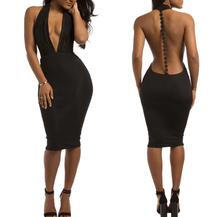 Black Midi Dress with Open Back