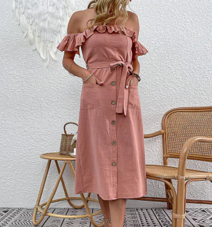 New Casual One-Shoulder Button Dress