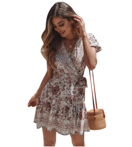 New Spring Summer Bohemian Print V-Neck Dress