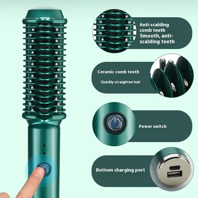 USB Wireless Hair Straightening and Curling Comb - Rechargeable Ceramic Styling Tool (Green)