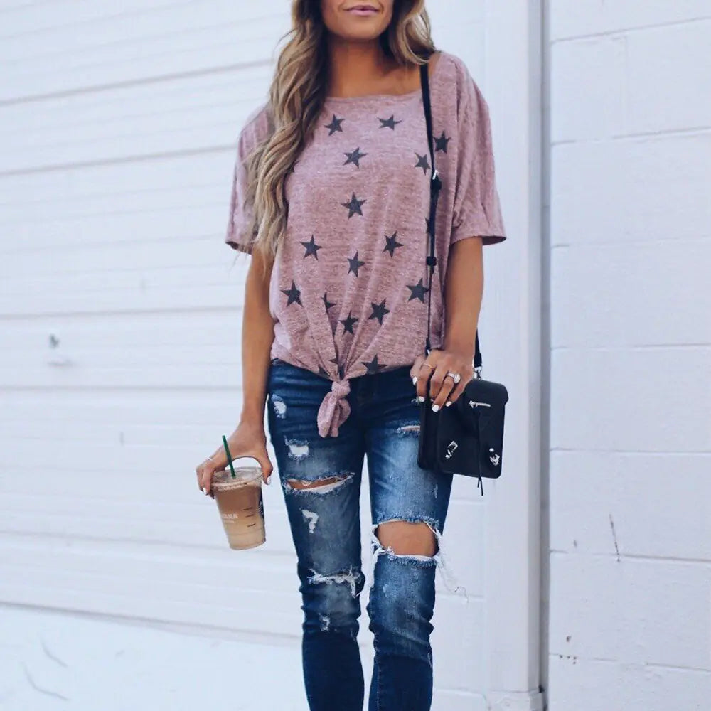 Loose Fit Star Print Off-Shoulder T-Shirt for Women