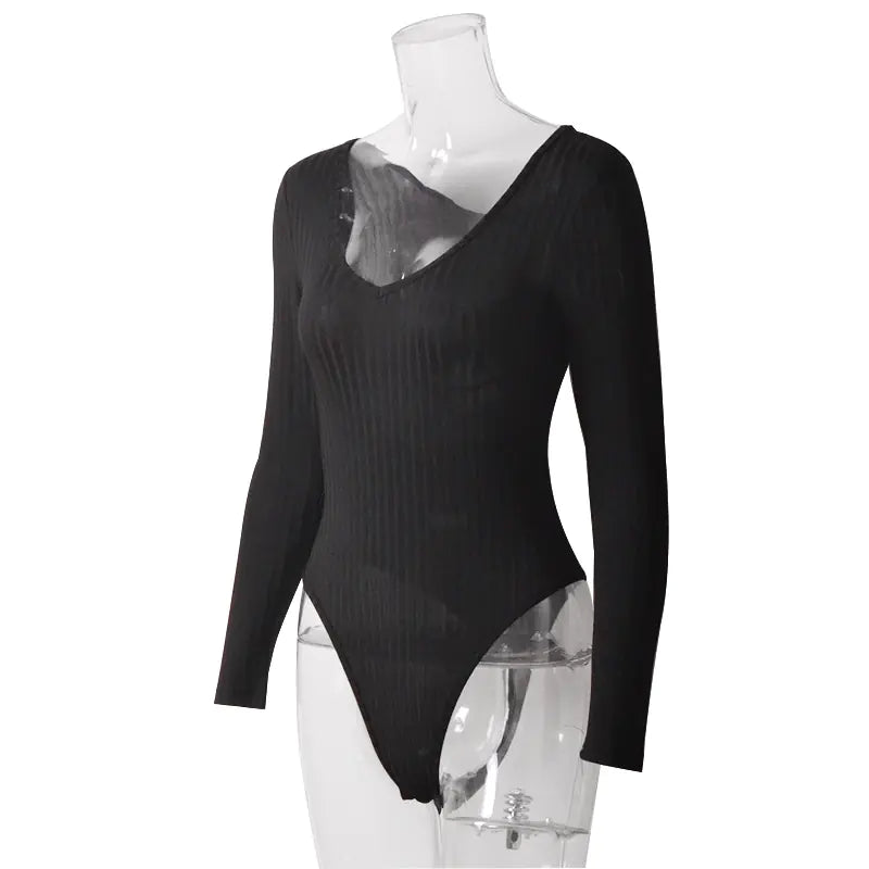 V-Neck Long Sleeve Ribbed Jumpsuit for Women