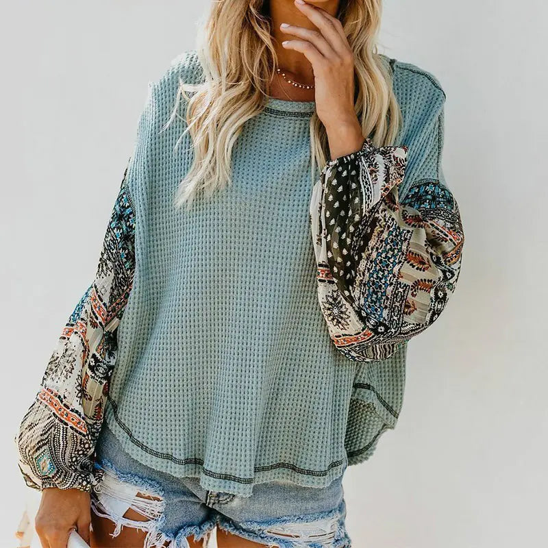 Bohemian Print Long Sleeve Knit Top with Flare Sleeves