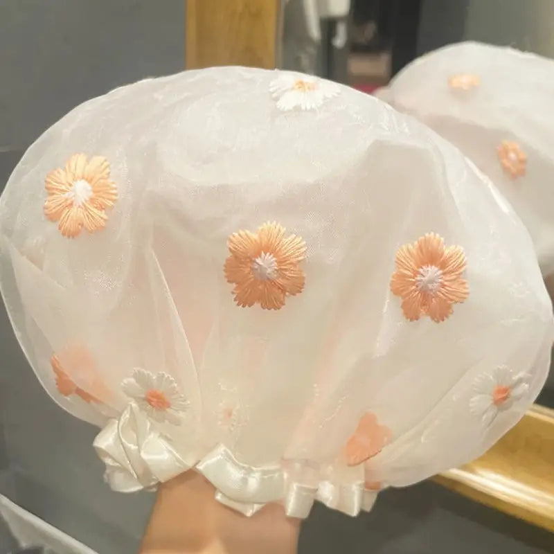 Double Layer Waterproof Shower Cap with Daisy Embroidery