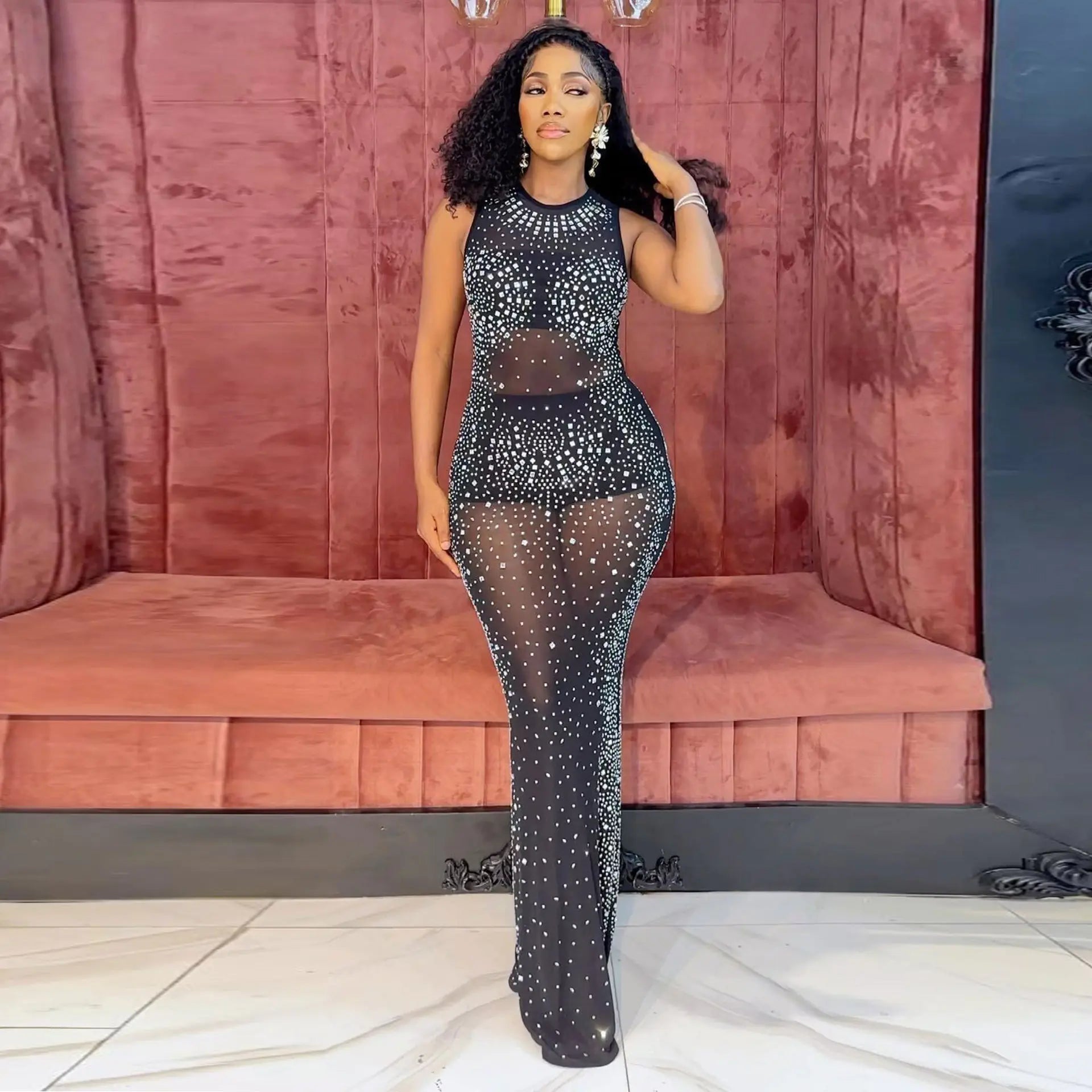 European Rhinestone Slim-fit Sleeveless Dress