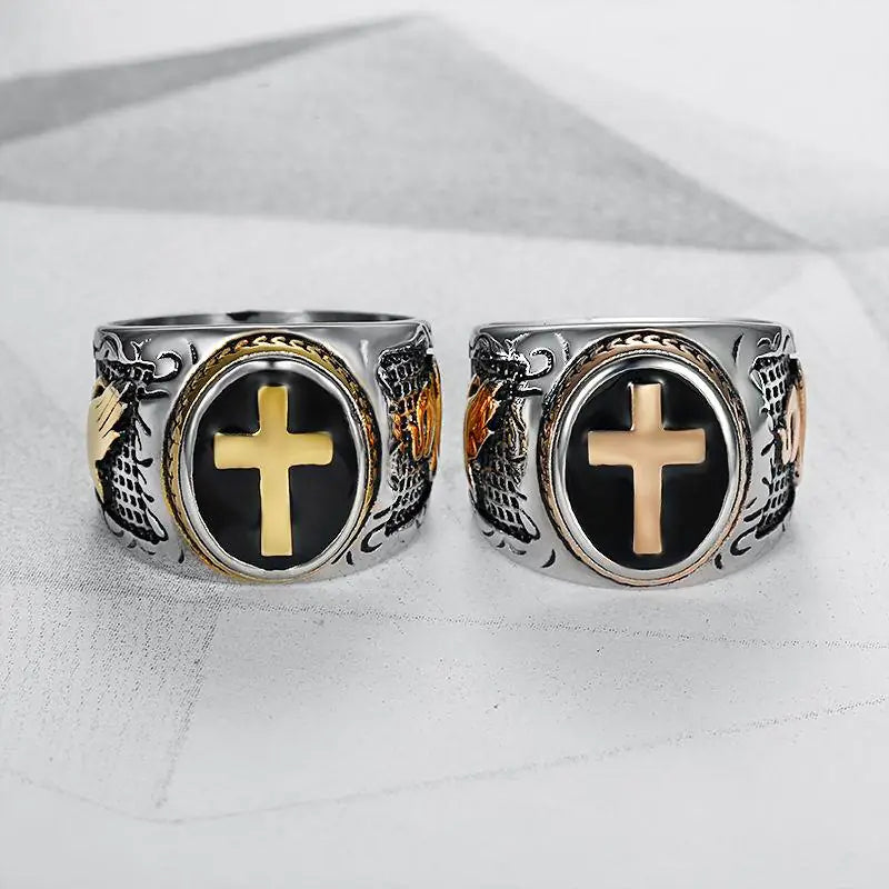 Titanium Steel Men's Cross Ring with Black Resin Design