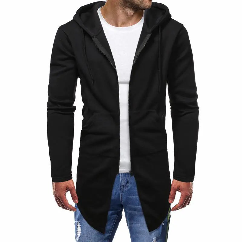 Men's Hooded Sweater Cardigan - Solid Color, Mid Length
