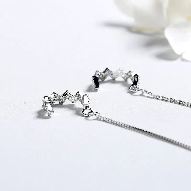 S925 Silver Wave Earrings with Zircon and Moon Design