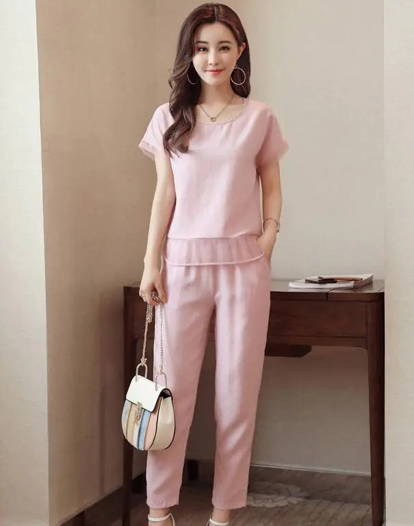 Cotton-Linen Set with Short Sleeve Top and Pants