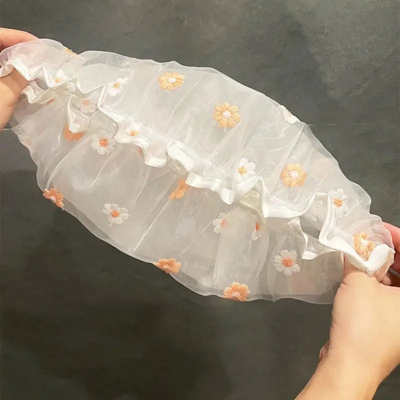 Double Layer Waterproof Shower Cap with Daisy Embroidery