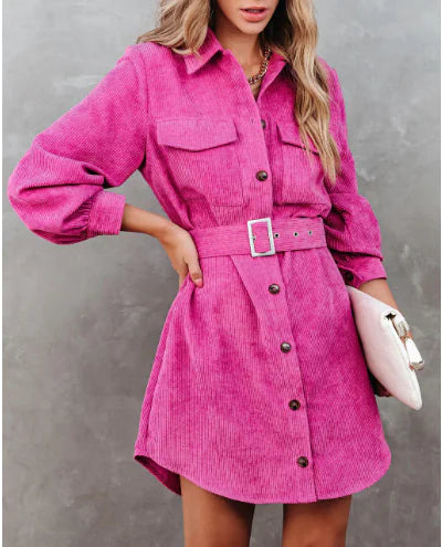 Corduroy Long Sleeve Midi Dress with Asymmetrical Hem