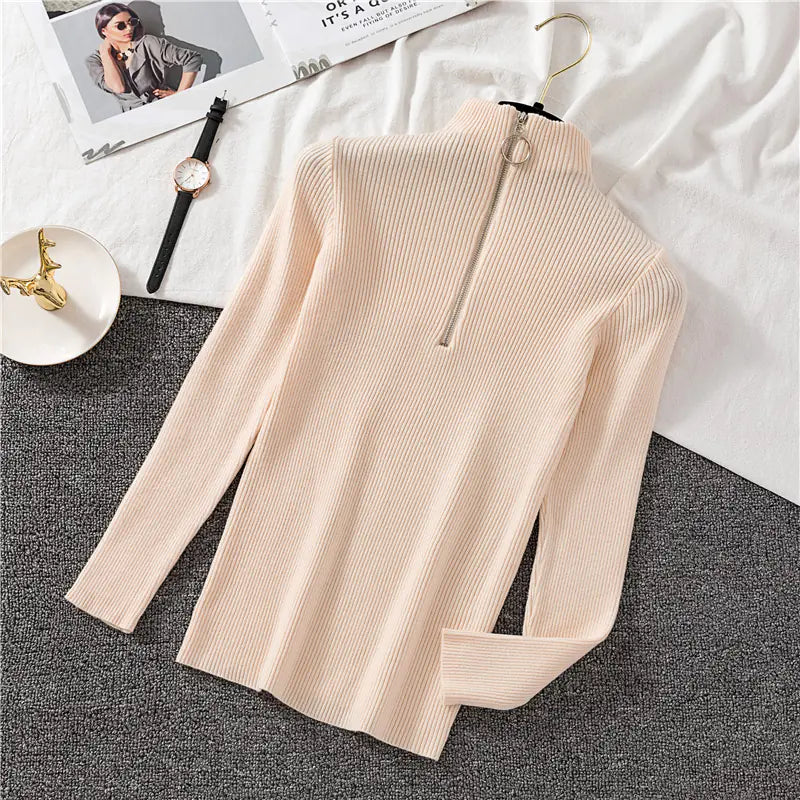 Zippered Half High Neck Slim Fit Knit Top for Women