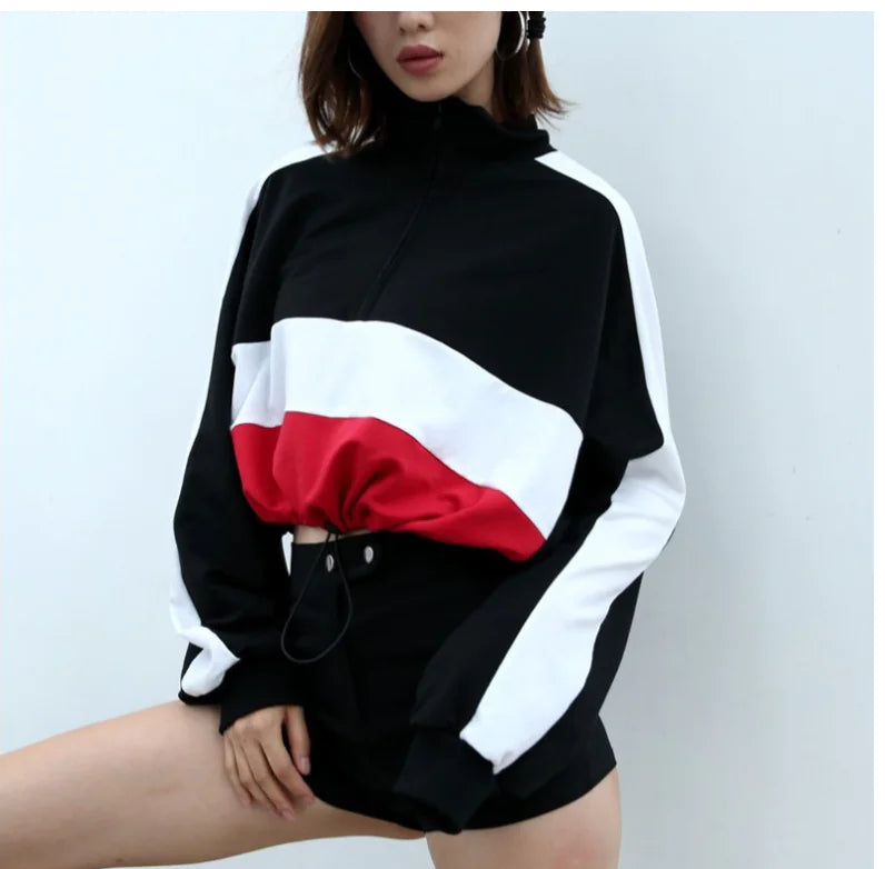 Fashionable Striped Color-Block Cropped Hoodie