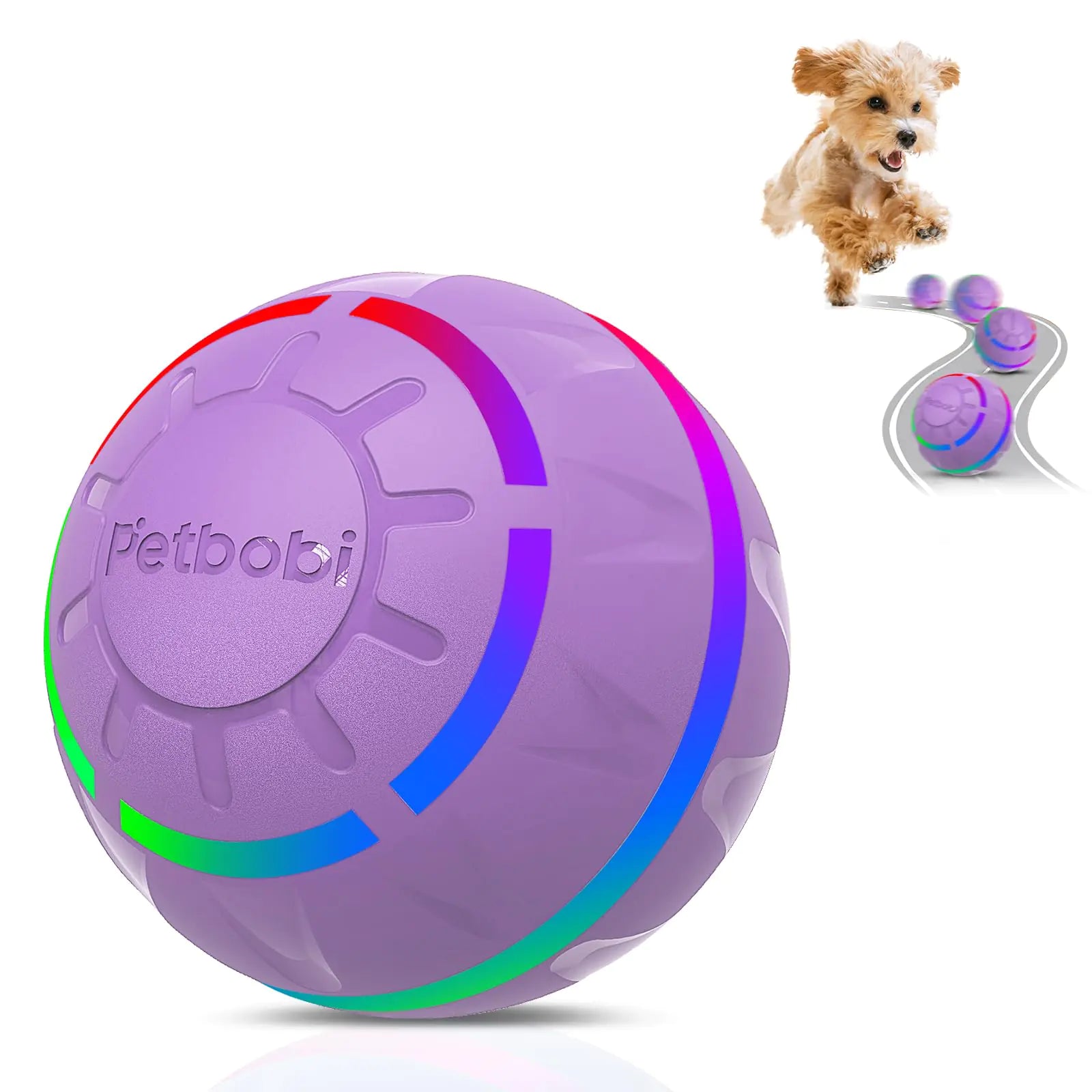 Petbobi Active Rolling Ball for Dogs - 2 Modes Interactive Dog Toys USB Rechargeable Motion Activated Self Moving Dog Ball Toy Durable Peppy Pet Ball for Small Medium Large Dog LED Light Purple