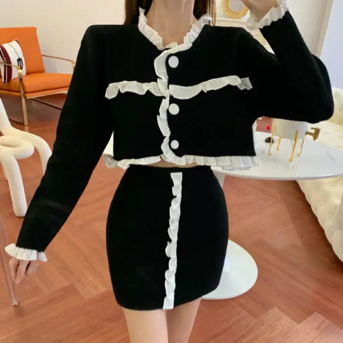 Fashionable Two-Piece Set with Ruffled Long Sleeve Top